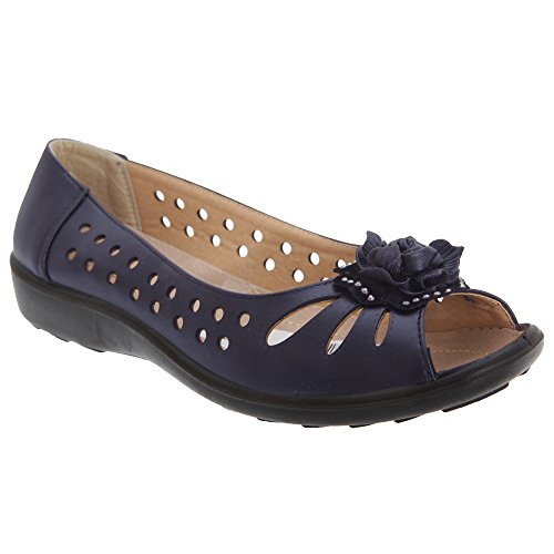 Boulevard Dayna Damen Kunstleder Blume Peep Toe Wohnungen Marine Mit Schwarz Allein UK 5 von Boulevard