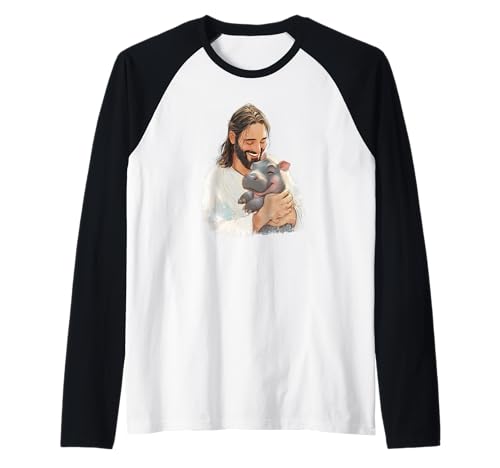 Jesus Loves Moo Deng Bouncy Pig Meme Cute Baby Hippo Raglan von Bouncy Hippo Cute Baby Hippo Moo Deng Gifts