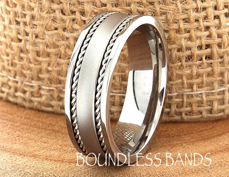 Hartmetall Ring Comfort Fit Gravur Personalisierter Ehering Verlobung Jahrestag Mann Silber Geflochten Graviert 7 Mm Klassisch von BoundlessBands