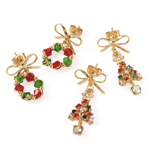 Boutigem Weihnachtsthema baumelnde Ohrringe Weihnachtsbaum Ohrring Schleife mit Kranz Ohrstecker baumeln Ohrring mit Strass für Frauen Party Geburtstage, 20-33x14.5-15mm, Metall von Boutigem