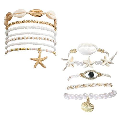 Boutihao 12 Stück Muschel-Armbänder für Frauen, Boho-Mehrschicht-Perlenarmbänder, Einstellbare Sommer-Strand-Seestern-Armbänder, für Frauen und Mädchen, Sommer, Strand, Urlaub, Zubehör von Boutihao