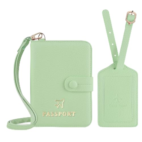 Boutilon Reisepasshülle aus Leder mit Umhängeband und Gepäckanhänger, wasserdicht, RFID-blockierend, einfarbig, Reisepass-Organisation für Damen und Herren, Jasmingrün Boutilon Reisepasshülle aus Leder mit Umhängeband und Gepäckanhänger, wasserdicht, RFID-blockierend, einfarbig, Reisepass-Organisation für Damen und Herren, Jasmingrün von Boutilon