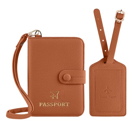 Boutilon Reisepasshülle aus Leder mit Umhängeband und Gepäckanhänger, wasserdicht, RFID-blockierend, einfarbig, Reisepass-Organisation für Damen und Herren, Karamellfarben / Braun Boutilon Reisepasshülle aus Leder mit Umhängeband und Gepäckanhänger, wasserdicht, RFID-blockierend, einfarbig, Reisepass-Organisation für Damen und Herren, Karamellfarben / Braun von Boutilon