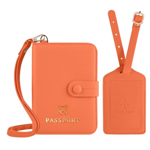 Boutilon Reisepasshülle aus Leder mit Umhängeband und Gepäckanhänger, wasserdicht, RFID-blockierend, einfarbig, Reisepass-Organisation für Damen und Herren, Orange/Abendrot im Zickzackmuster (Sunset von Boutilon
