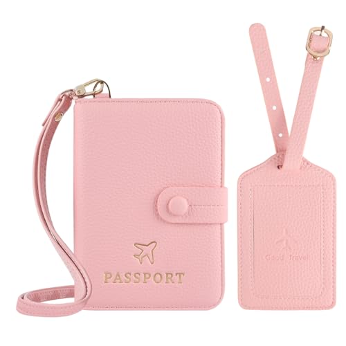 Boutilon Reisepasshülle aus Leder mit Umhängeband und Gepäckanhänger, wasserdicht, RFID-blockierend, einfarbig, Reisepass-Organisation für Damen und Herren, Rosa (Cherry Pink) von Boutilon