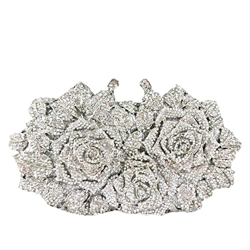 Boutique De FGG Blume Abendtasche Kristall Clutch Handtasche Damen Formale Strass Brauthandtasche Clutches für Party,Mini,Silber von Boutique De FGG
