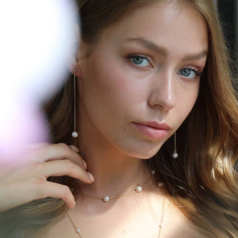 Lange Perlenohrringe Luna 14K Solid Gold Kette Ohrstecker, Juni Geburtsstein, Threader Ohrringe, Handgemachtes Schmuck Geschenk Für Frauen von BoutiqueBaltique