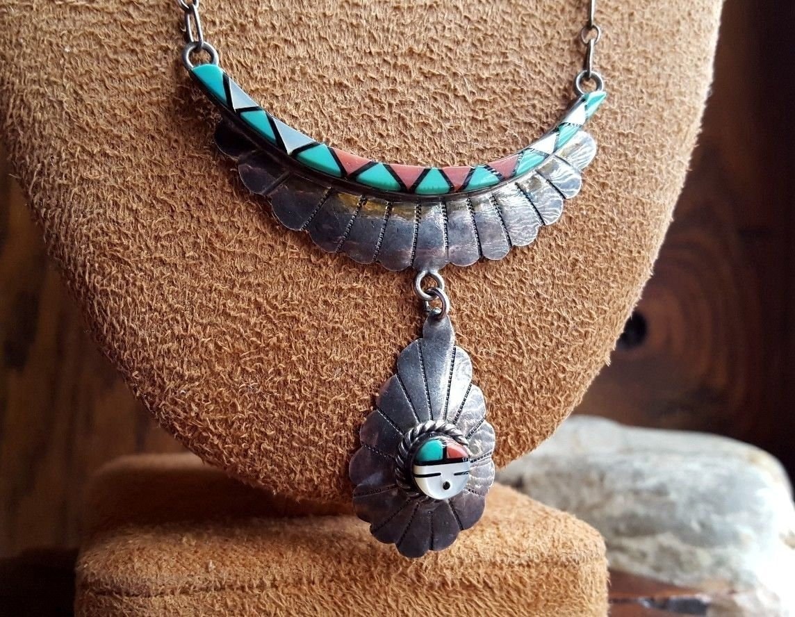 Zuni Türkis Inlay Vintage Halskette 18 "sterling Silber Sonnengott, Passende Ohrringe von BoutiqueKRMamber