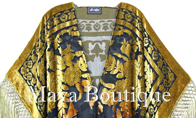 Antik Gold Kaftan Duster Fransenjacke Kimono Burnout Samt Handgefärbt Maya Matazaro Antik Gold Kaftan Duster Fransenjacke Kimono Burnout Samt Handgefärbt Maya Matazaro von BoutiqueMaya