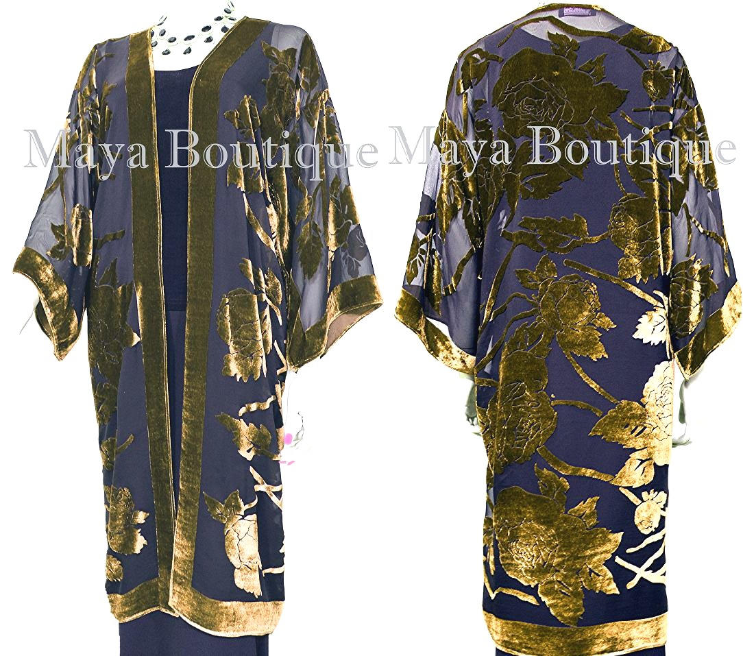 Antik Gold Lange Kimono Jacke Seide Burnout Velvet No Fringe Maya Matazaro von BoutiqueMaya