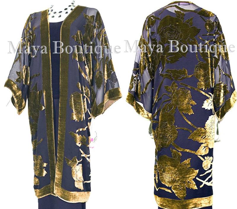 Antik Gold Lange Kimono Jacke Seide Burnout Velvet No Fringe Maya Matazaro von BoutiqueMaya