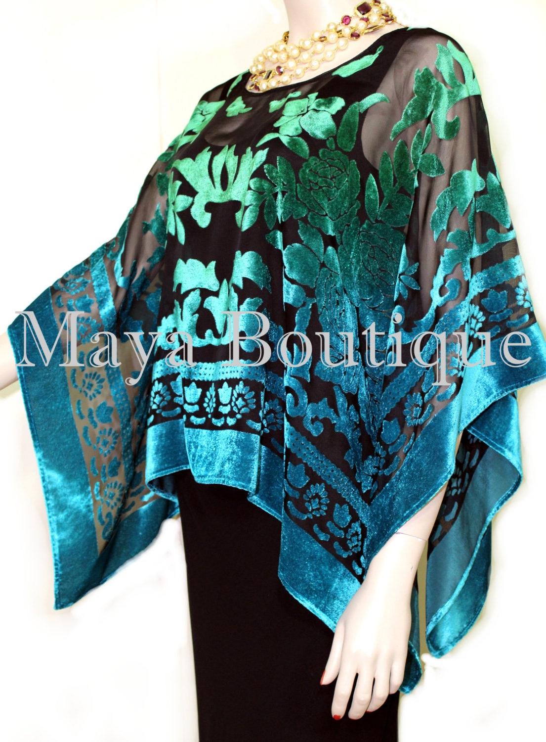 Art To Wear Poncho Top Ausbrenner Samt Handgefärbtes Grün Türkis Ombre Maya Matazaro von BoutiqueMaya