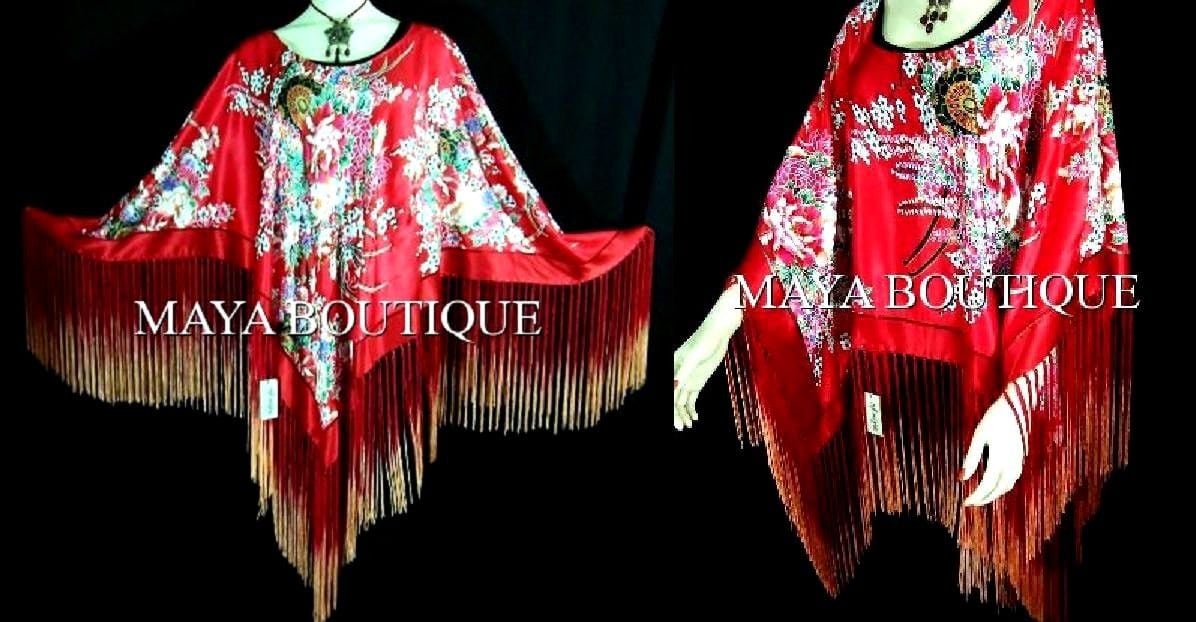 Atemberaubender Rot Tanzender Fransen Seiden Poncho Schal Top Maya Matazaro von BoutiqueMaya