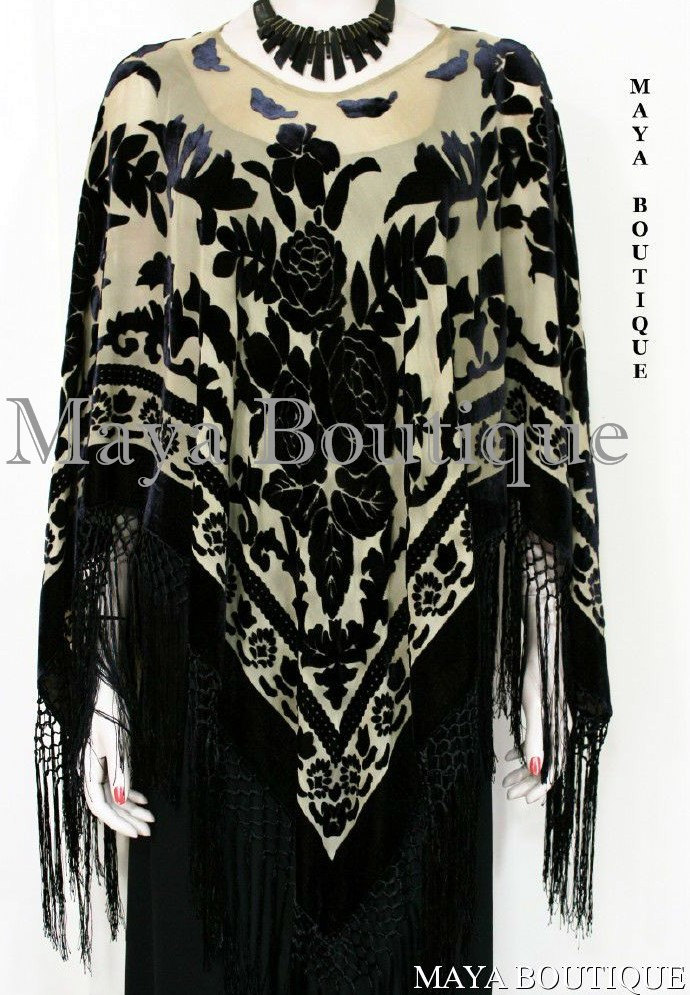 Beige & Schwarz Seide Burnout Samt Poncho Kimono Top Schal Maya Matazaro von BoutiqueMaya