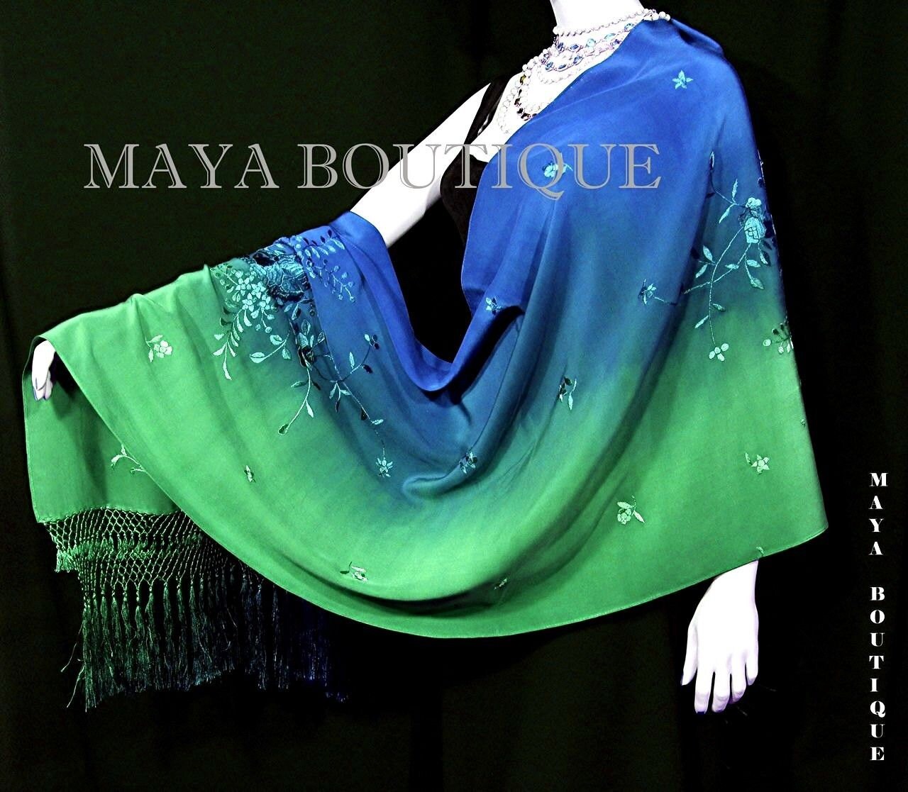 Bestickter Seiden Tuch Schal Handgefärbt Smaragd & Saphir Maya Matazaro von BoutiqueMaya