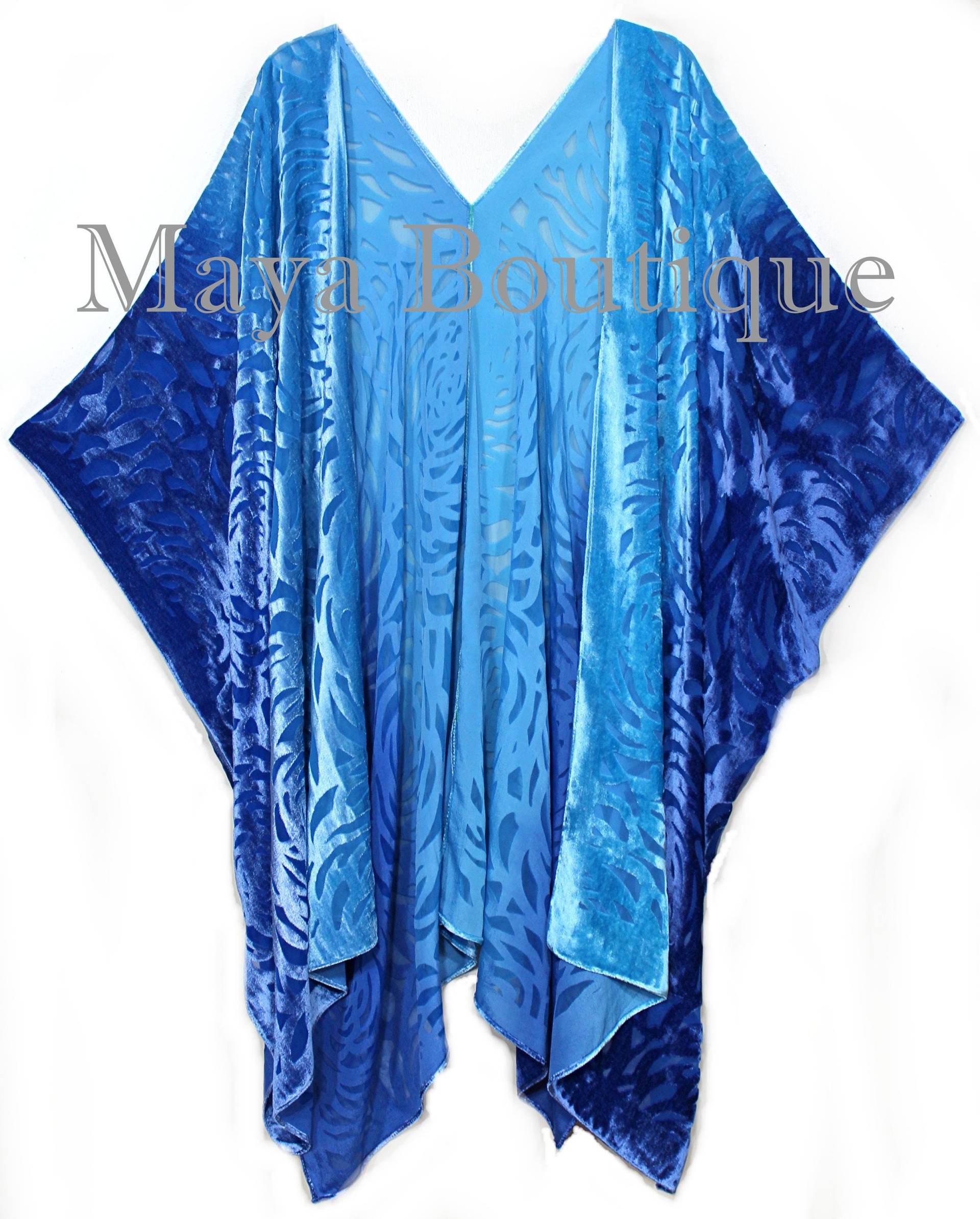 Blau Türkis Camellia Burnout Samt Kaftan Kimono Handgefärbt Maya Matazaro Usa Made von BoutiqueMaya