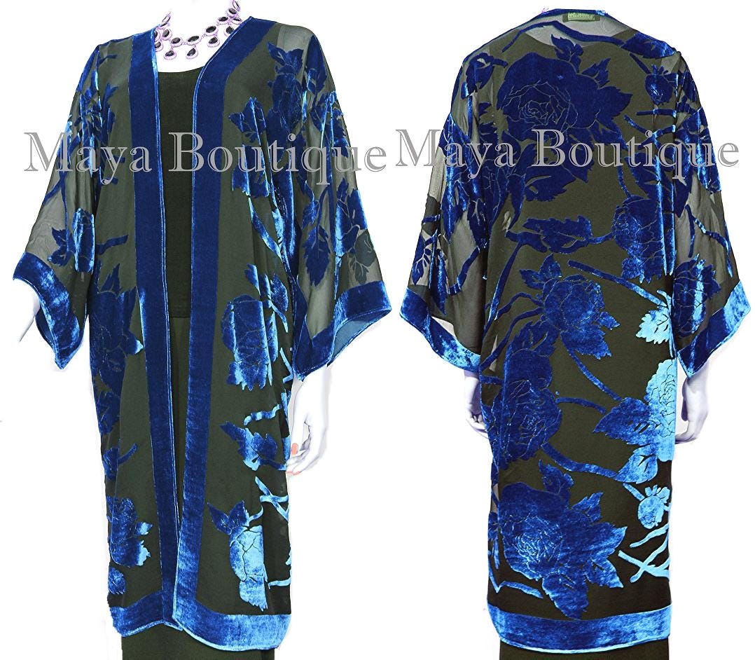 Blaue Lange Kimono Jacke Seide Burnout Samt Kein Fransen Maya Matazaro von BoutiqueMaya