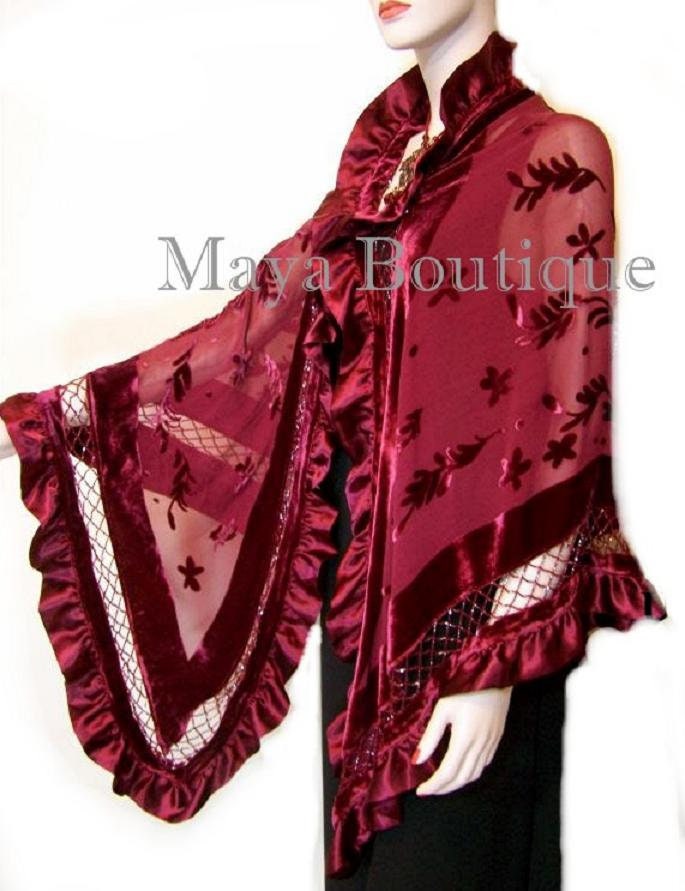 Burgundy Schal Wickeltuch Seide Burnout Samt Dreieck Rüschen Maya Matazaro von BoutiqueMaya