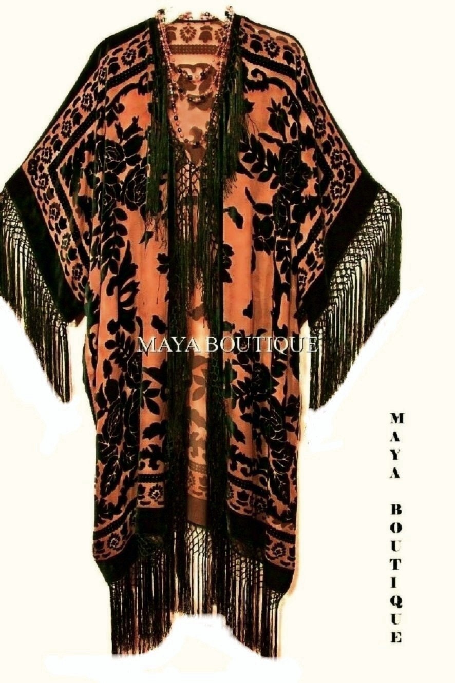 Fringe Jacke Kimono Duster Seide Ausbrenner Samt Mandarine Schwarz Maya Matazaro von BoutiqueMaya