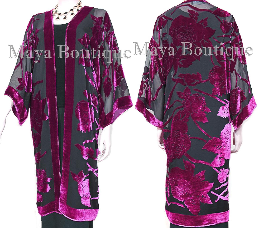 Fuchsia Long Kimono Jacke Seide Burnout Velvet No Fringe Maya Matazaro von BoutiqueMaya