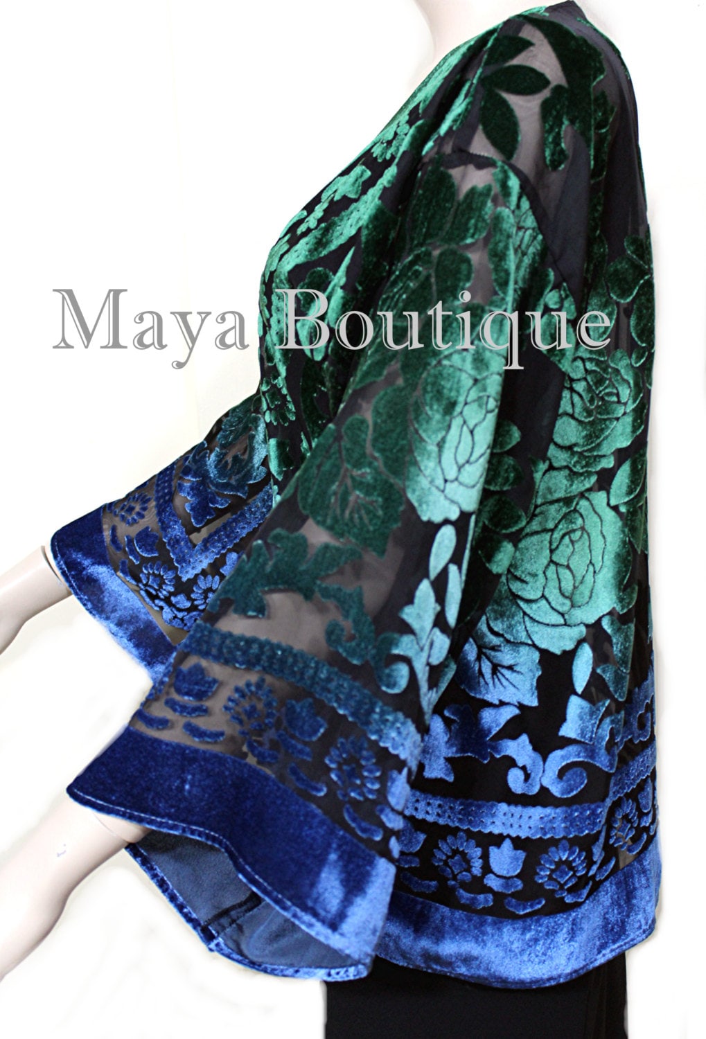 Grün Blau Burnout Samt Jacke Kurz Kimono No Fransen Handgefärbt Maya Matazaro von BoutiqueMaya