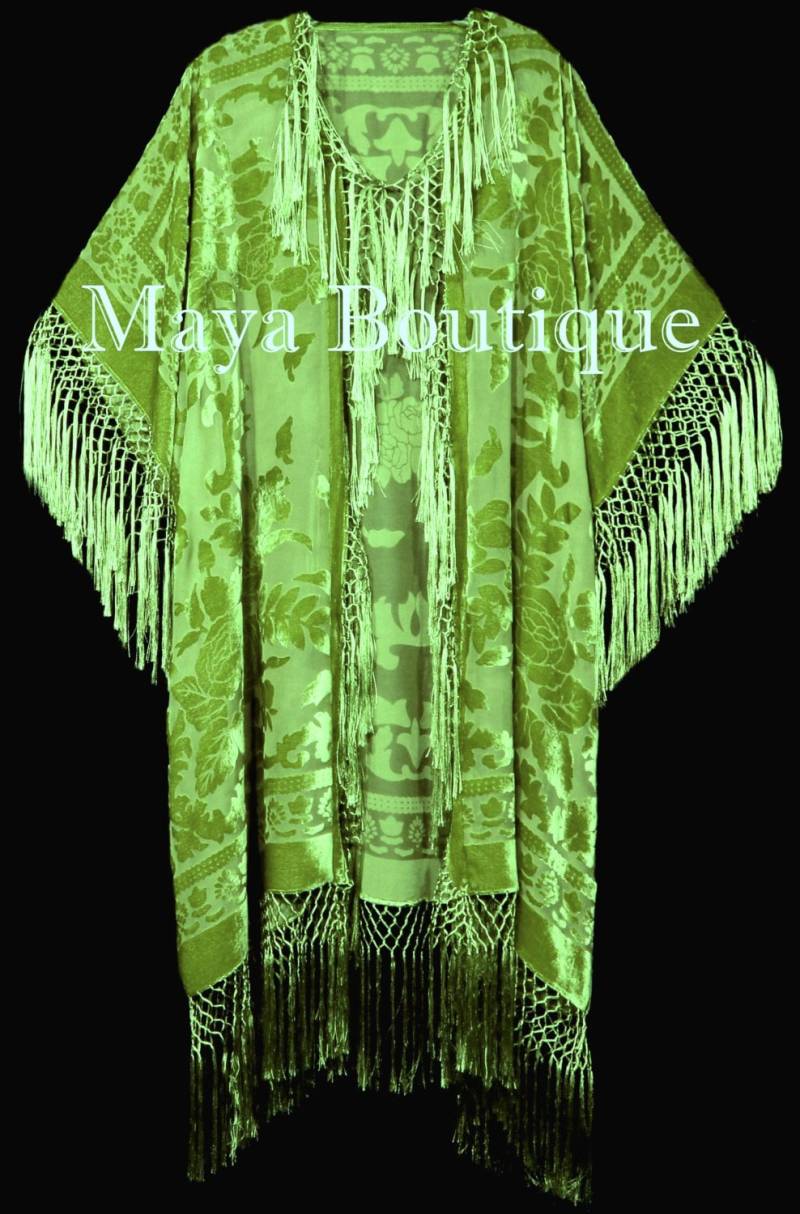 Grün Seide Burnout Samt Fransenjacke Kimono Duster Maya Matazaro Plus Grün Seide Burnout Samt Fransenjacke Kimono Duster Maya Matazaro Plus von BoutiqueMaya
