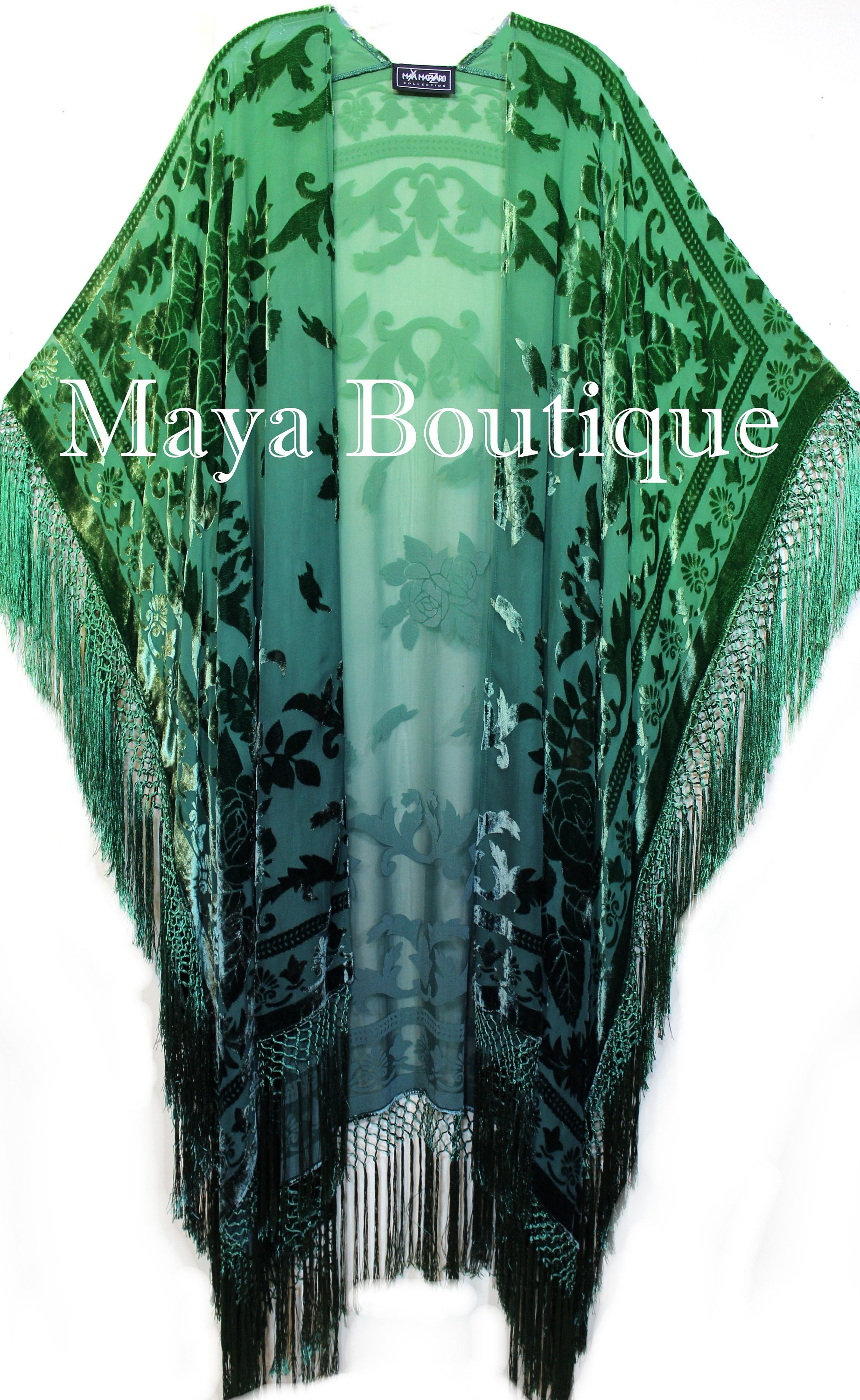 Grüne Ombre Tragbare Kunst Kimono Kaftan Fransenjacke Burnout Samt Handgefärbt Maya von BoutiqueMaya