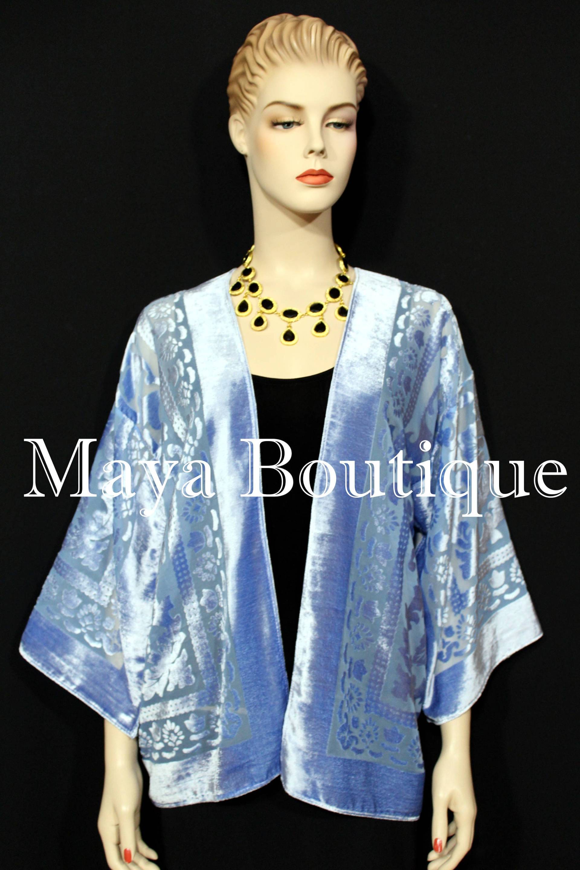 Hellblaue Jacke Kimono Burnout Samt Kurz No Fransen Handgefärbt Maya Matazaro von BoutiqueMaya