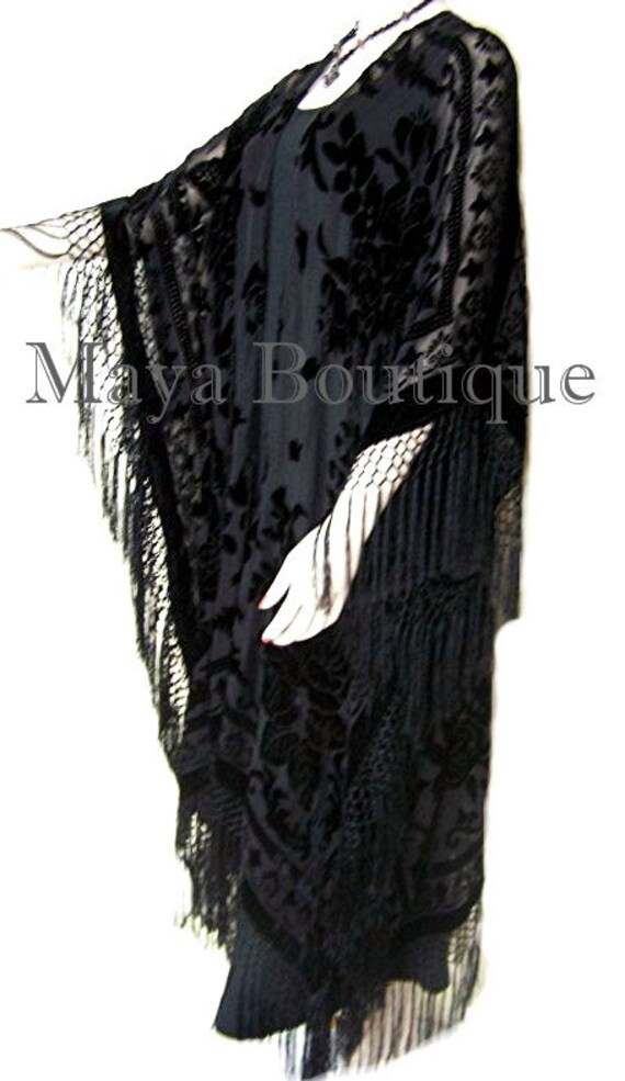 Kaftan Duster Fransenjacke Kimono Opera Mantel Schwarz Burnout Samt Maya Matazaro von BoutiqueMaya