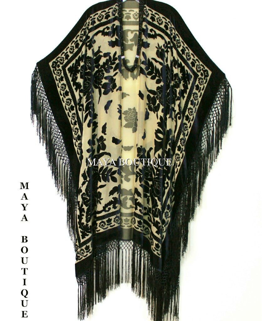 Kaftan Duster Fransenjacke Kimono Schwarz & Beige Seide Burnout Samt Maya von BoutiqueMaya
