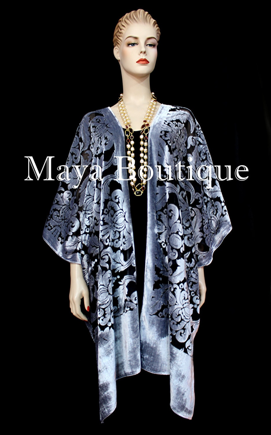 Maya Matazaro Barock Burnout Samt Kaftan Kimono Jacke Silber Schwarz Usa Made von BoutiqueMaya
