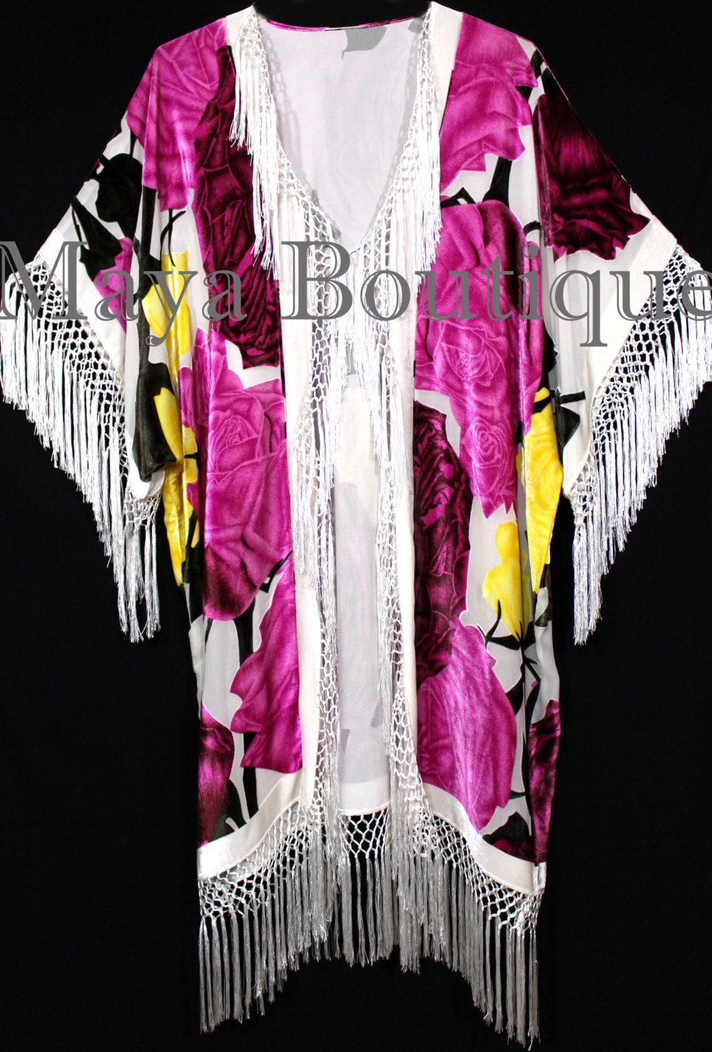 Maya Matazaro Fransenjacke Kimono Duster Seide Burnout Samt Pop Art Rosen Plus von BoutiqueMaya