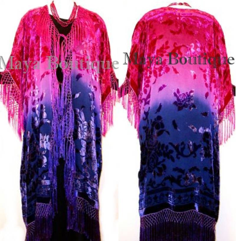 Maya Matazaro Handgefärbte Kimono Fransenjacke Duster Seide Burnout Samt Fuchsia, Lila & Marine von BoutiqueMaya