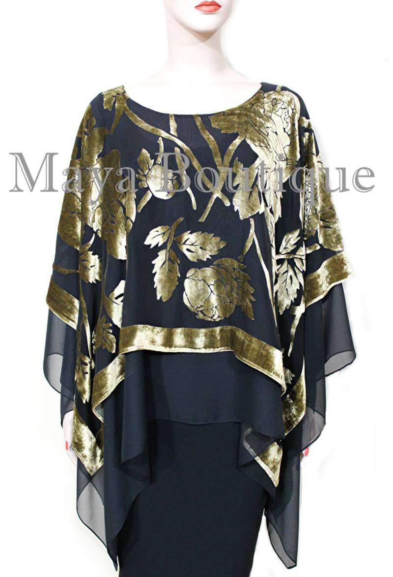 Maya Matazaro Lagenponcho Top Seide Ausbrenner Samt & Chiffon Schwarz Antik Gold von BoutiqueMaya