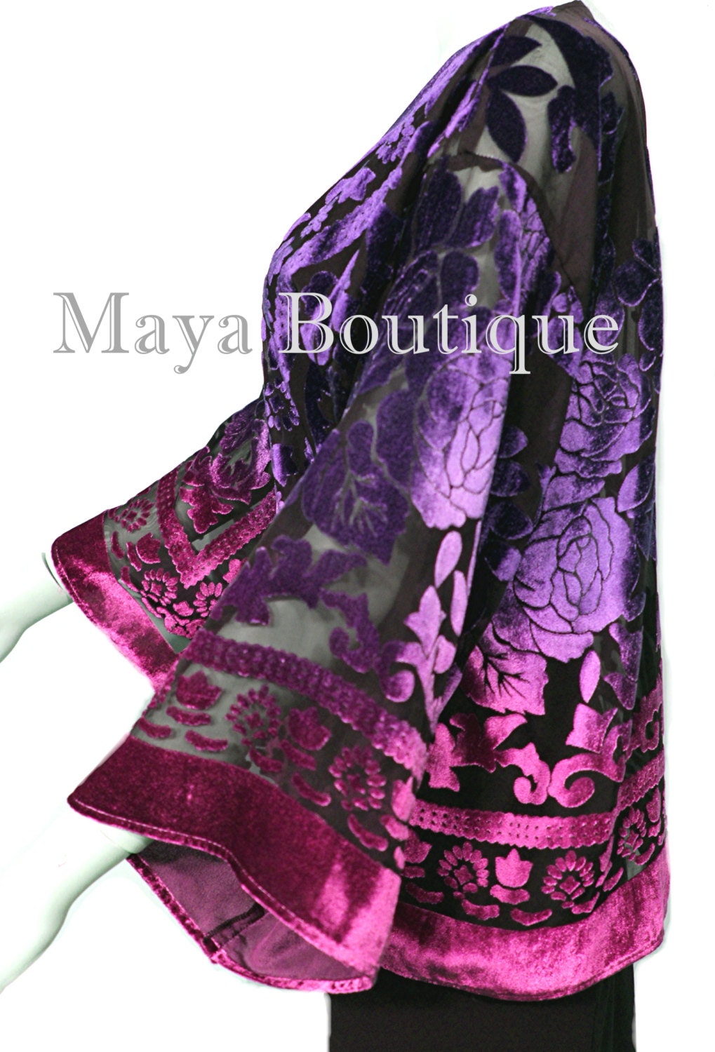 Maya Matazaro Lila Magenta Samt Jacke Kurzer Kimono Ohne Fransen Handgefärbt von BoutiqueMaya