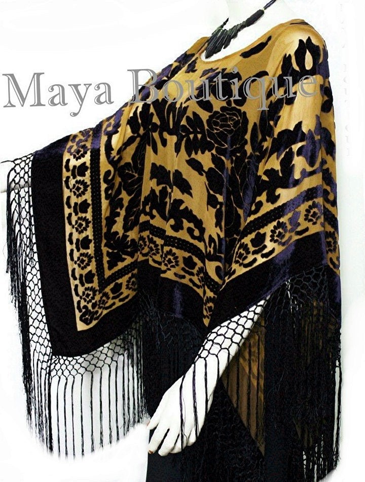 Maya Matazaro Schwarz & Antik Gold Seide Burnout Samt Poncho Fransentuch Top von BoutiqueMaya