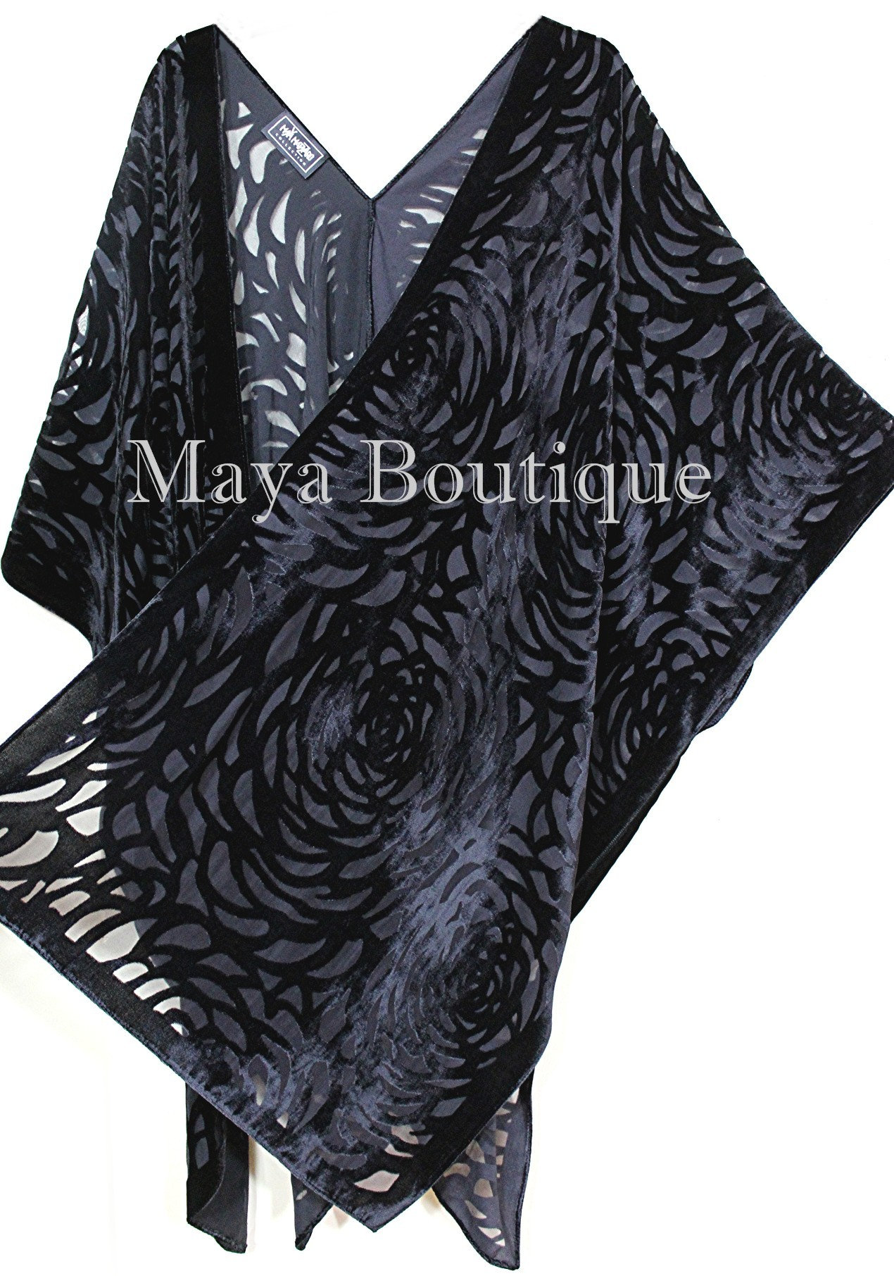 Maya Matazaro Schwarze Camellia Burnout Samt Kaftan Kimono Jacke Usa Made von BoutiqueMaya