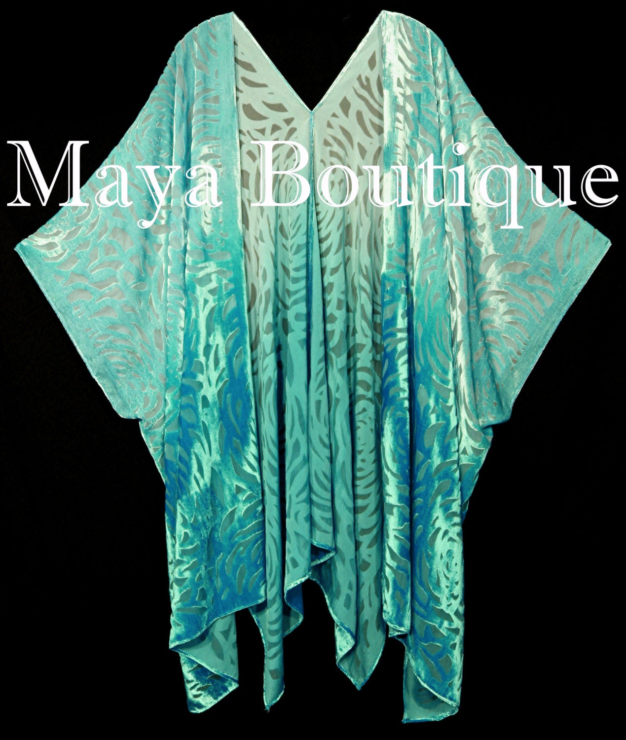 Maya Matazaro Teal Ombre Camellia Burnout Samt Kaftan Kimono Jacke Handgefärbt Usa Made von BoutiqueMaya