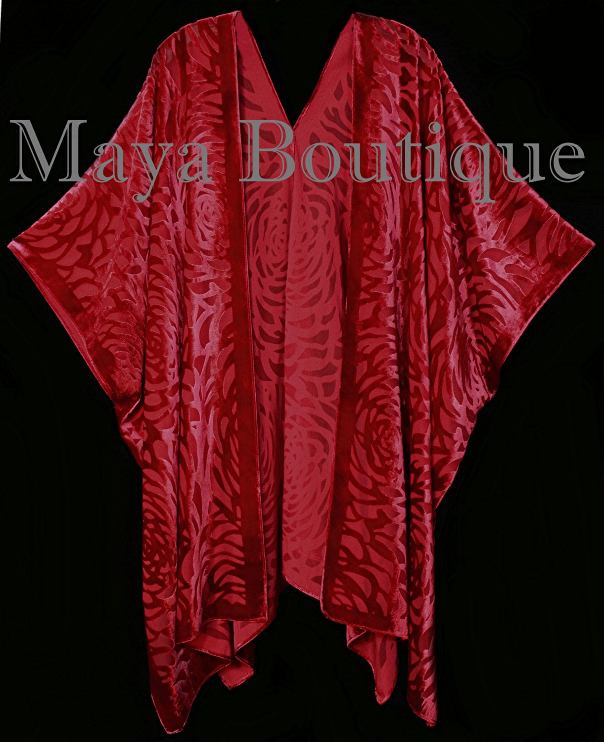 Maya Matazaro True Red Camellia Burnout Samt Kaftan Kimono Jacke Usa Made von BoutiqueMaya
