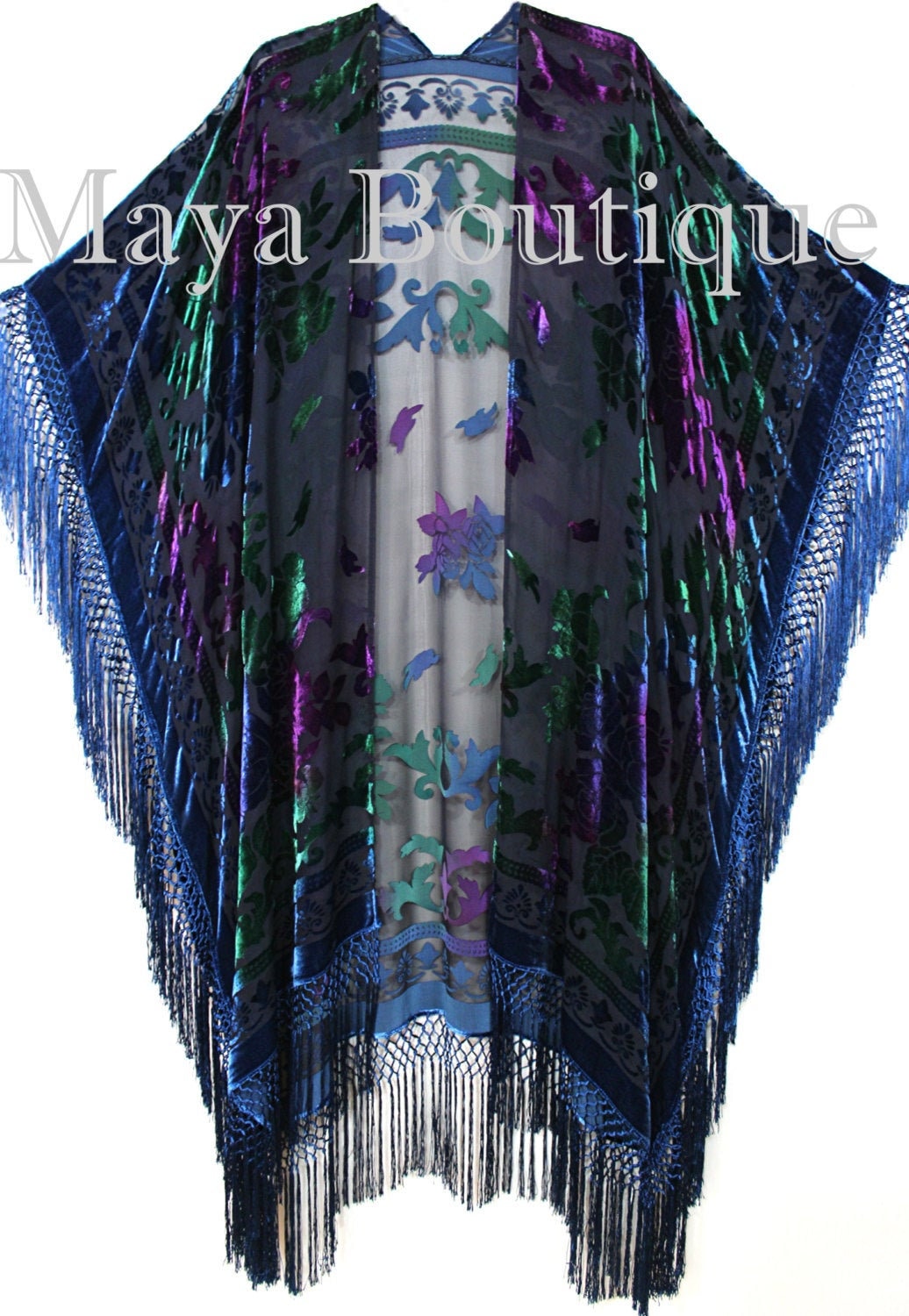 Maya Matazaro Tye Dye Navy Blue Multi Fransen Kimono Burnout Samt Jacke Mantel von BoutiqueMaya