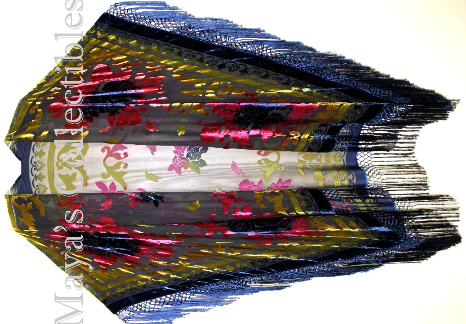 Maya Matazaro Tye Dye Pink Gold Blau Multi Fransen Kimono Burrnout Samt Jacke Mantel von BoutiqueMaya