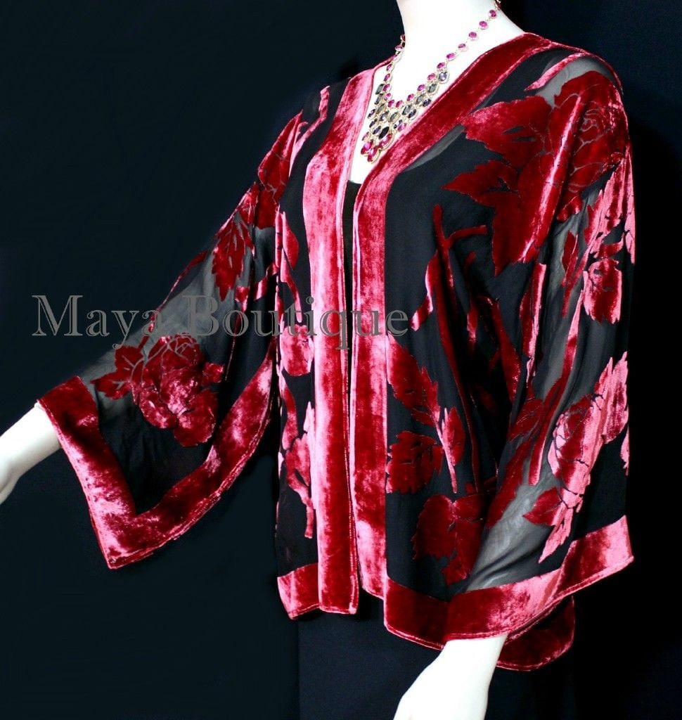 Mohnrote Seide Burnout Samt Jacke Kurz Kimono Style No Fringe Maya Matazaro von BoutiqueMaya