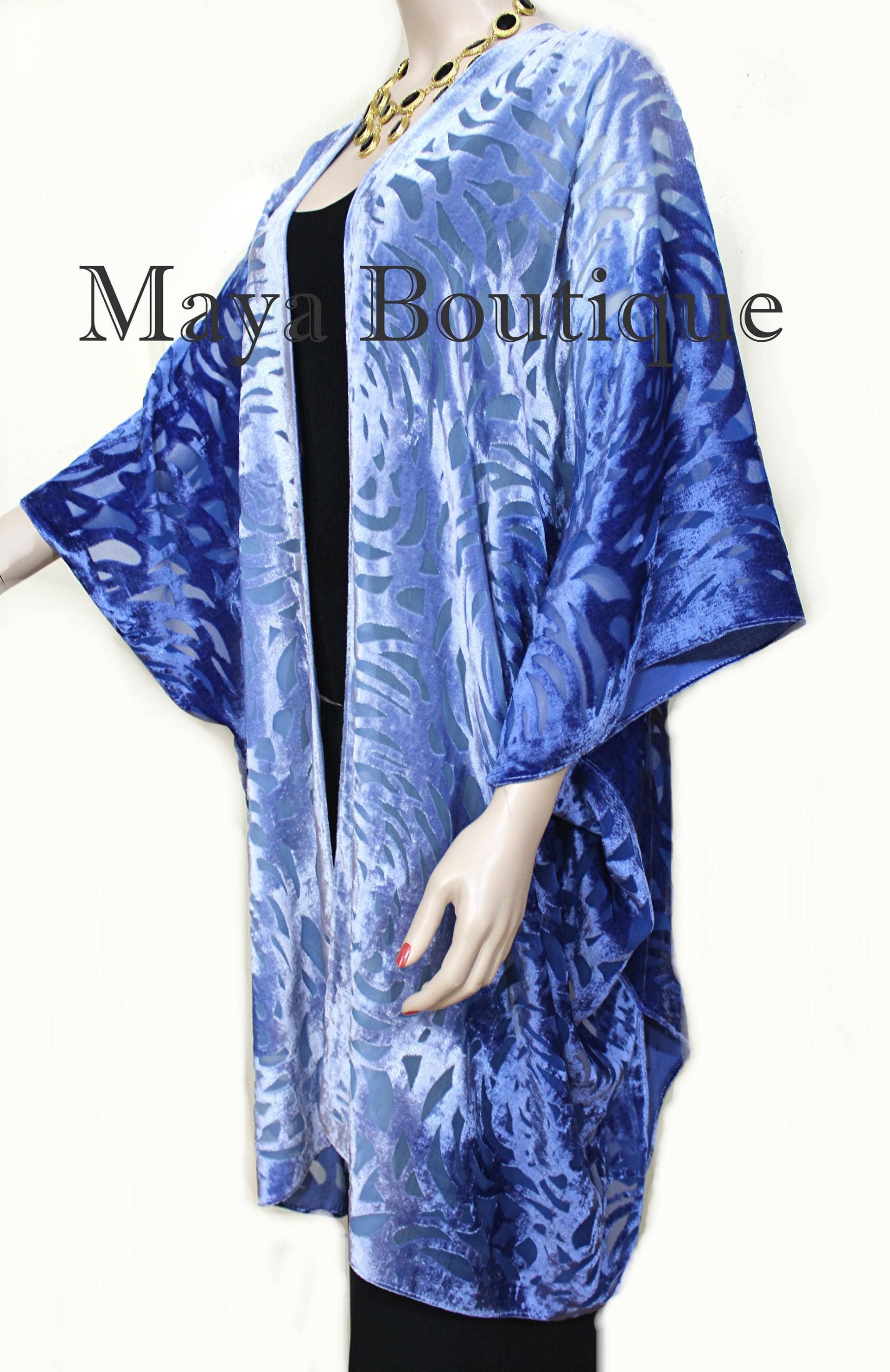Niagara Blue Ombre Camellia Burnout Samt Kaftan Kimono Handgefärbt Maya Matazaro Usa Made von BoutiqueMaya