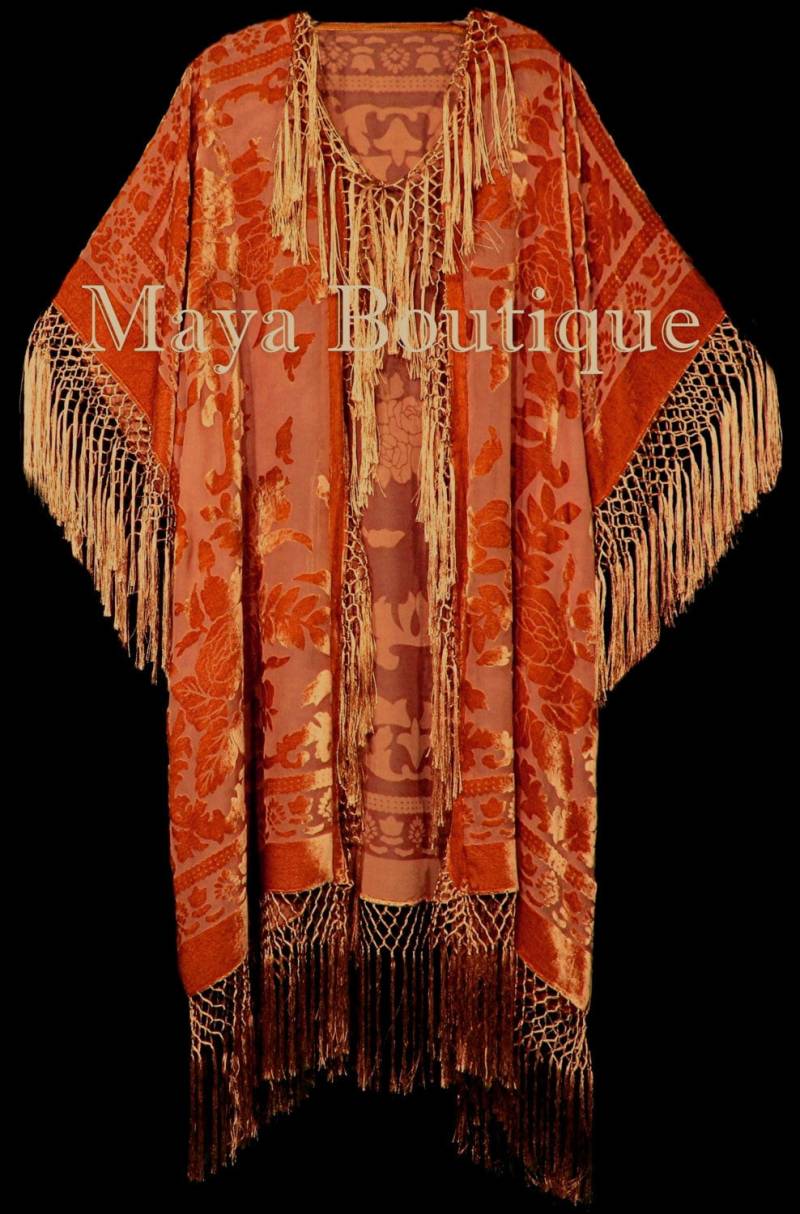 Orange Fransenjacke Kimono Duster Seide Burnout Samt Maya Matazaro Plus von BoutiqueMaya