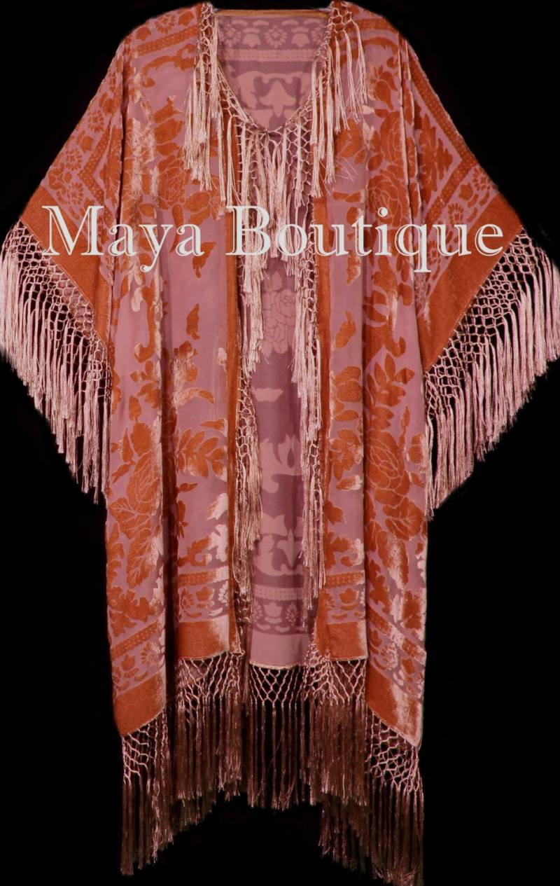Papaya Orange Fransen Jacke Kimono Duster Seide Ausbrenner Samt Maya Matazaro Plus von BoutiqueMaya