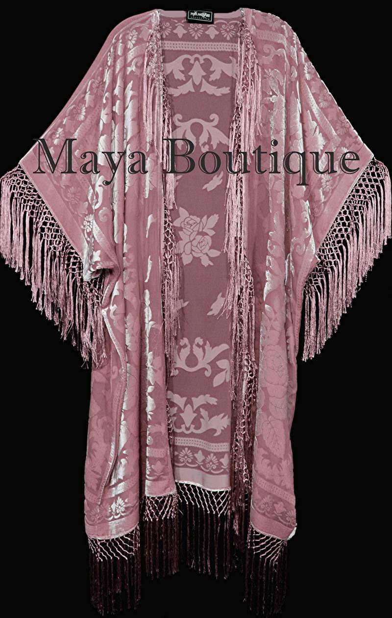 Rosen Quarz Fransenjacke Kimono Duster Seide Burnout Samt Maya Matazaro Plus von BoutiqueMaya