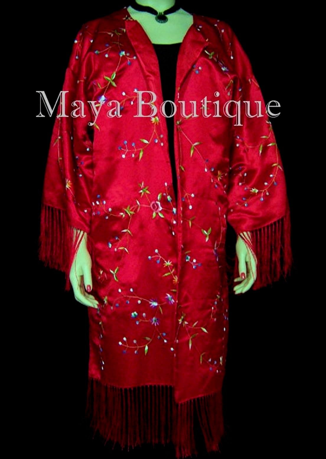 Rot Bestickte Fransenjacke Kimono Mantel Gefüttert Maya Matazaro von BoutiqueMaya