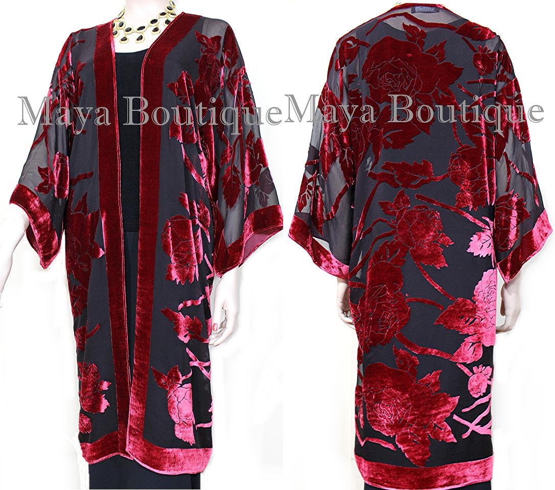 Rote Lange Kimono Jacke Seide Burnout Samt No Fringe Maya Matazaro von BoutiqueMaya
