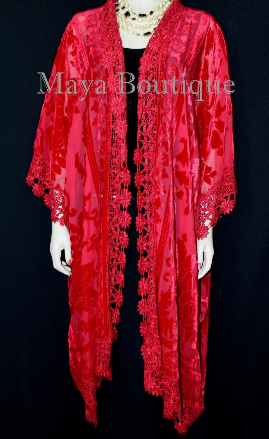Scarlet Red Lace & Ausbrenner Samt Kimono Kaftan Jacke Duster Maya Matazaro Einheitsgröße von BoutiqueMaya