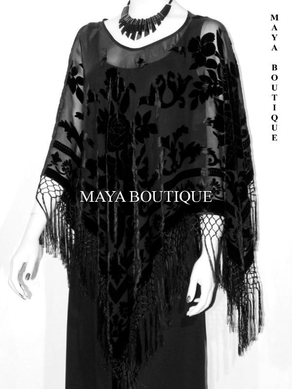 Schwarze Seide Burnout Samt Poncho Schal Fransen Top Maya Matazaro One Size von BoutiqueMaya